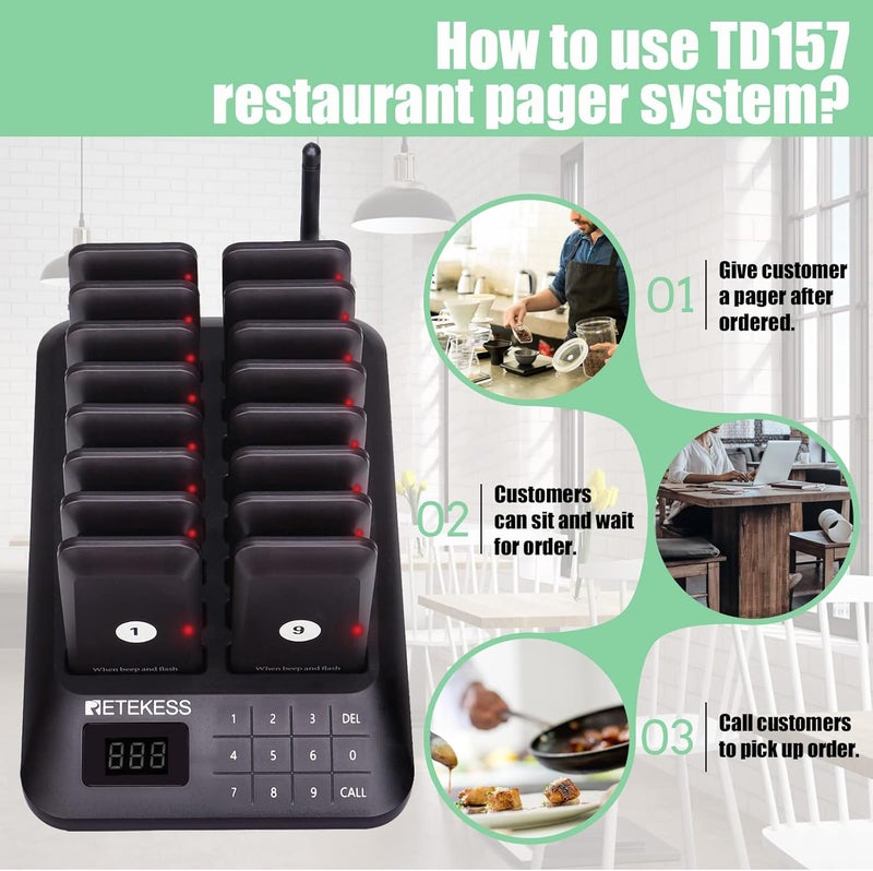 Retekess نظام جرس المطعم TD157، أجهزة جرس للمطاعم، مدى طويل 984 قدم، 16 جرس وبيبر للمطاعم المتنقلة، الحانات، ساحة الطعام، بدون وضع الاهتزاز - Image 5
